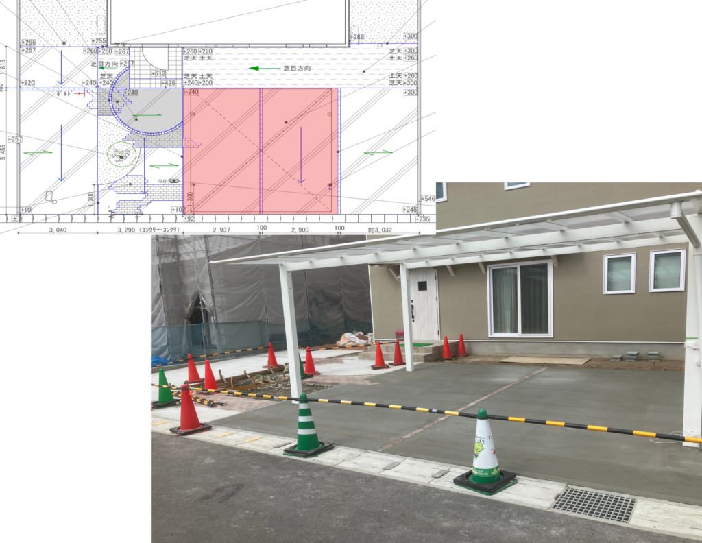 大田市 外構工事 カーポート設置工事中の施工図と現場写真